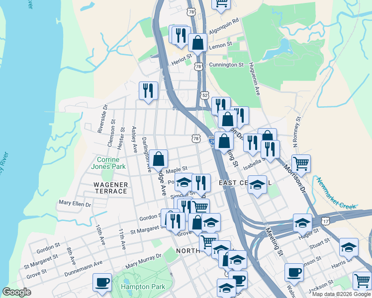map of restaurants, bars, coffee shops, grocery stores, and more near 29 Peachtree Street in Charleston