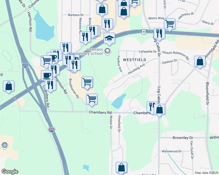 map of restaurants, bars, coffee shops, grocery stores, and more near 4356 Pershing Avenue in Macon
