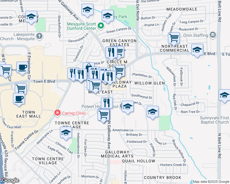map of restaurants, bars, coffee shops, grocery stores, and more near 3248 North Galloway Avenue in Mesquite