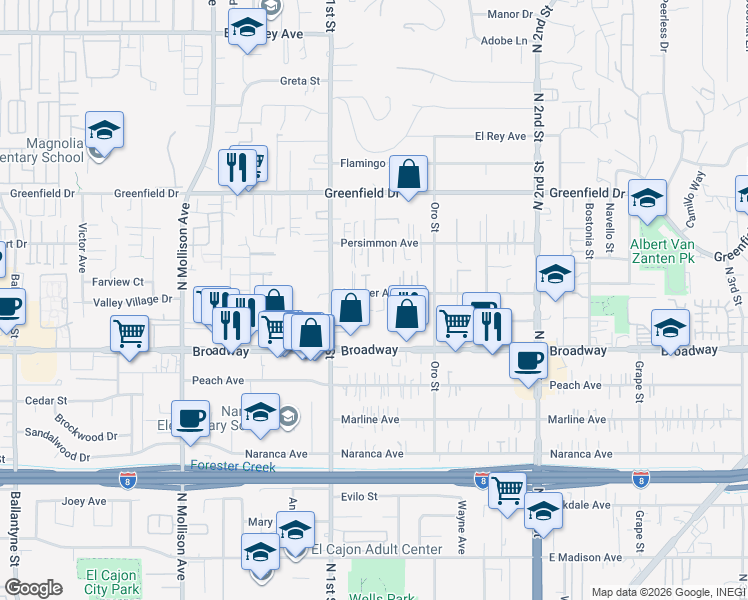 map of restaurants, bars, coffee shops, grocery stores, and more near 1141 Sumner Avenue in El Cajon