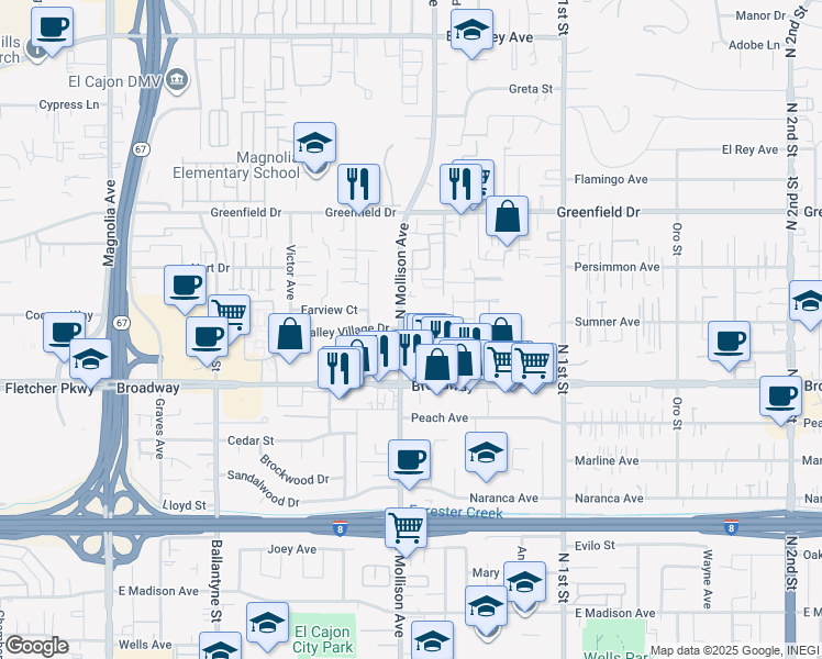 map of restaurants, bars, coffee shops, grocery stores, and more near 1029 North Mollison Avenue in El Cajon