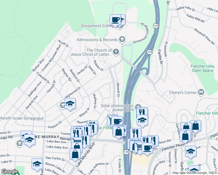 map of restaurants, bars, coffee shops, grocery stores, and more near 6977 Southgate Drive in San Diego