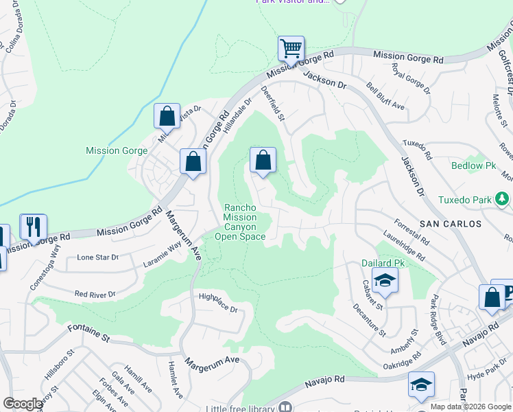 map of restaurants, bars, coffee shops, grocery stores, and more near 8370 High Winds Way in San Diego