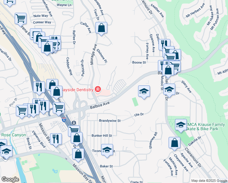 map of restaurants, bars, coffee shops, grocery stores, and more near 3636 Monair Drive in San Diego