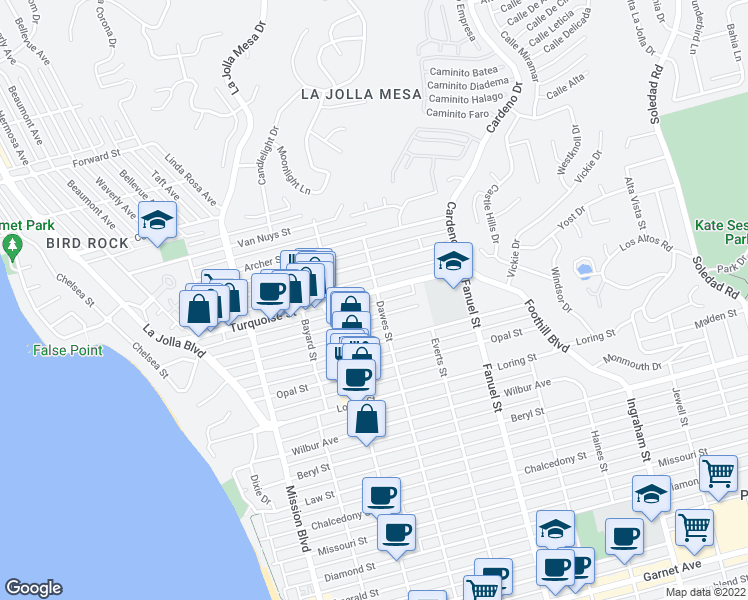 map of restaurants, bars, coffee shops, grocery stores, and more near 1103 Turquoise Street in San Diego