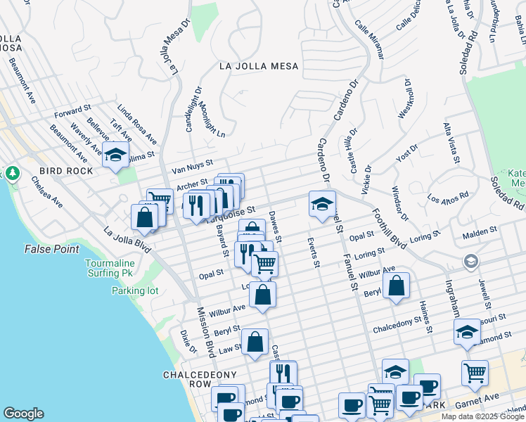 map of restaurants, bars, coffee shops, grocery stores, and more near 1103 Turquoise Street in San Diego