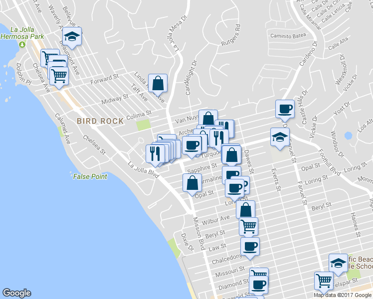 map of restaurants, bars, coffee shops, grocery stores, and more near 873 Agate Street in San Diego