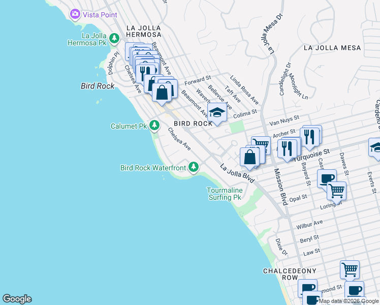 map of restaurants, bars, coffee shops, grocery stores, and more near 365 Ricardo Place in San Diego