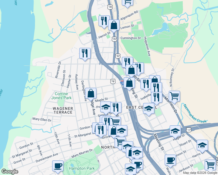 map of restaurants, bars, coffee shops, grocery stores, and more near 1157 King Street in Charleston
