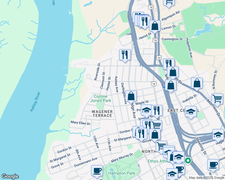 map of restaurants, bars, coffee shops, grocery stores, and more near 42 Piedmont Avenue in Charleston