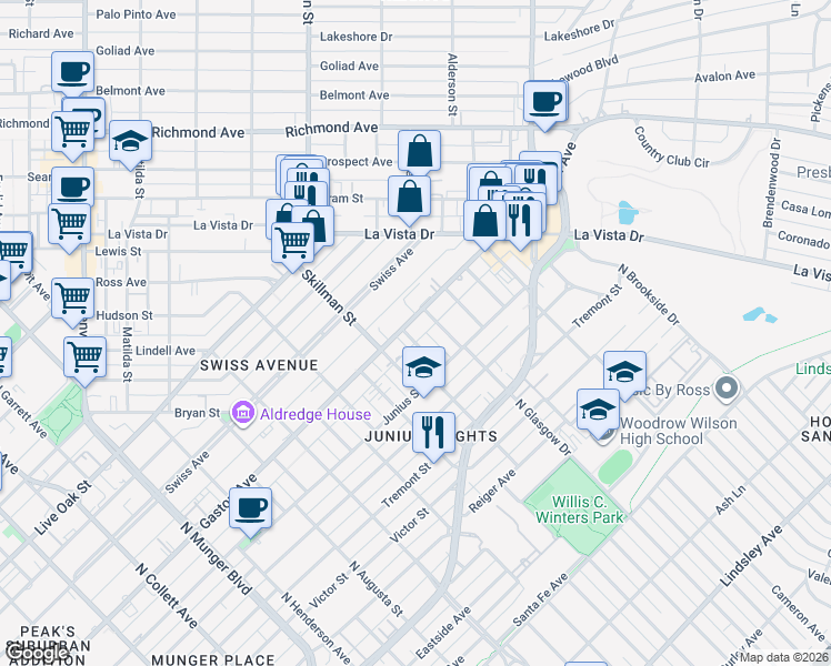 map of restaurants, bars, coffee shops, grocery stores, and more near 5908 Gaston Avenue in Dallas