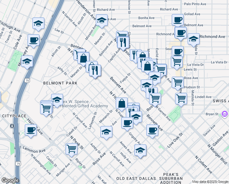 map of restaurants, bars, coffee shops, grocery stores, and more near 2022 North Fitzhugh Avenue in Dallas
