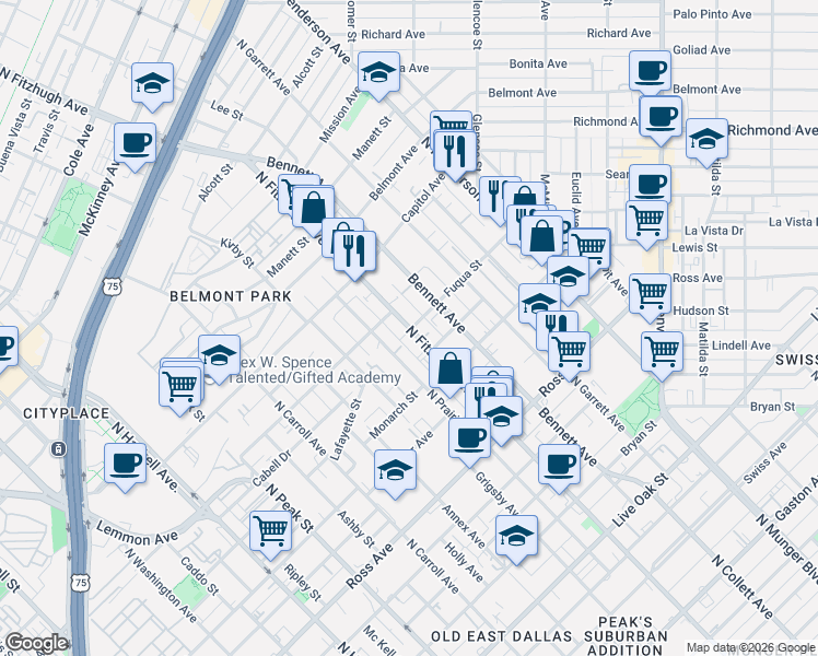 map of restaurants, bars, coffee shops, grocery stores, and more near 2022 North Fitzhugh Avenue in Dallas
