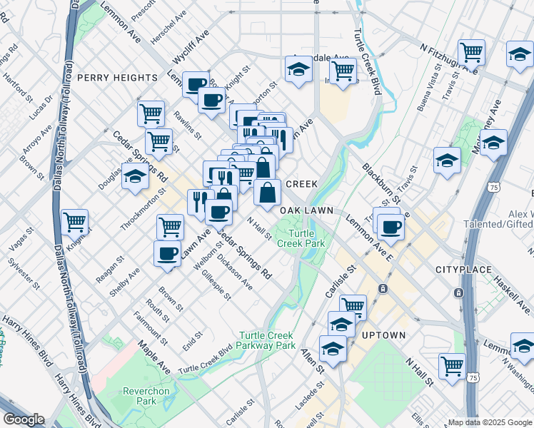 map of restaurants, bars, coffee shops, grocery stores, and more near 3333 Rawlins Street in Dallas