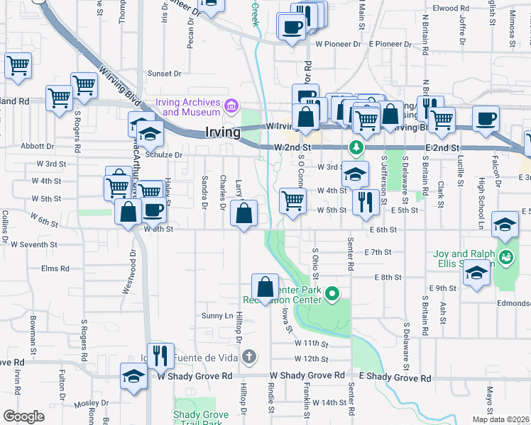 map of restaurants, bars, coffee shops, grocery stores, and more near 452 Renaissance Lane in Irving