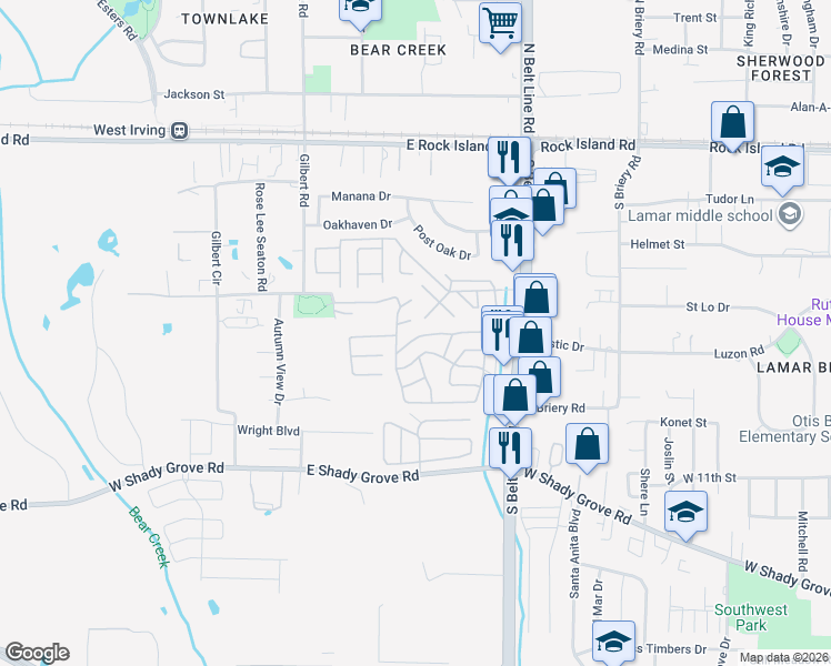 map of restaurants, bars, coffee shops, grocery stores, and more near 3600 Old North Road in Irving