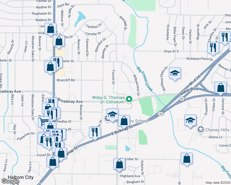 map of restaurants, bars, coffee shops, grocery stores, and more near 3316 Carson Street in North Richland Hills