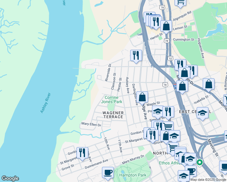 map of restaurants, bars, coffee shops, grocery stores, and more near 10 Clemson Street in Charleston