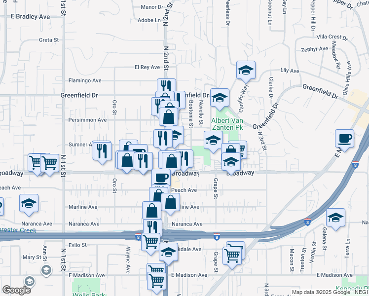 map of restaurants, bars, coffee shops, grocery stores, and more near 1082 Bostonia Street in El Cajon