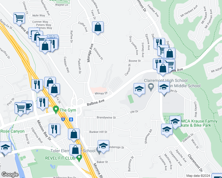 map of restaurants, bars, coffee shops, grocery stores, and more near 3707 Balboa Terrace in San Diego