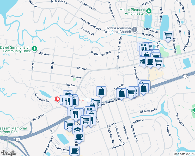 map of restaurants, bars, coffee shops, grocery stores, and more near 802 Runaway Bay Lane in Mount Pleasant