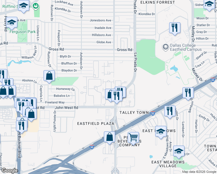 map of restaurants, bars, coffee shops, grocery stores, and more near 2631 John West Road in Dallas