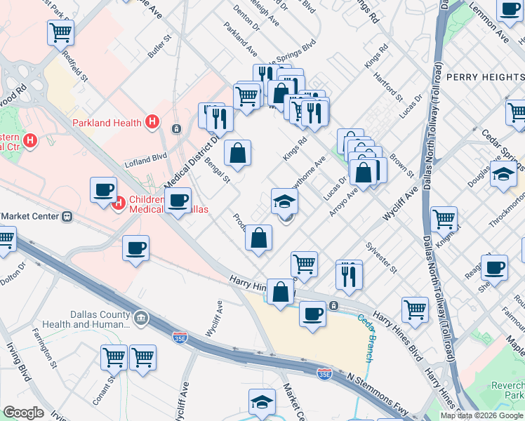 map of restaurants, bars, coffee shops, grocery stores, and more near 4610 Hawthorne Place in Dallas
