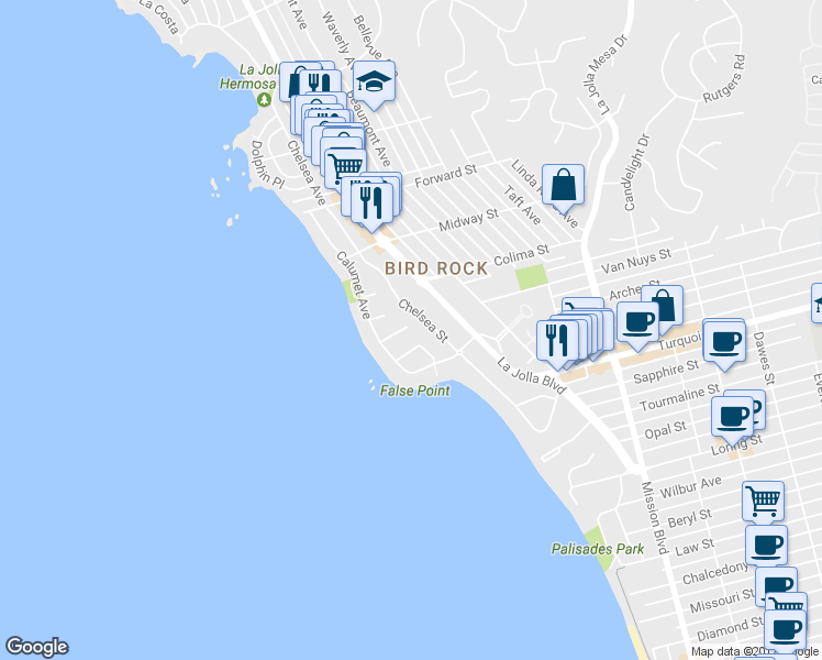 map of restaurants, bars, coffee shops, grocery stores, and more near 365 Ricardo Place in San Diego