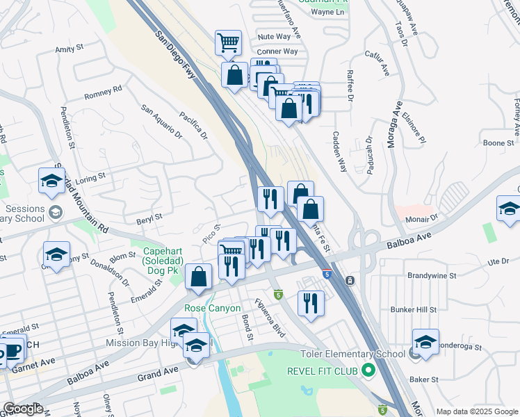 map of restaurants, bars, coffee shops, grocery stores, and more near 7937 Mission Bay Drive in San Diego