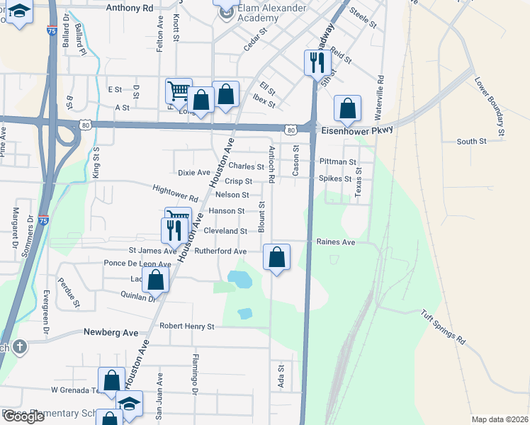 map of restaurants, bars, coffee shops, grocery stores, and more near 2806 Blount Street in Macon