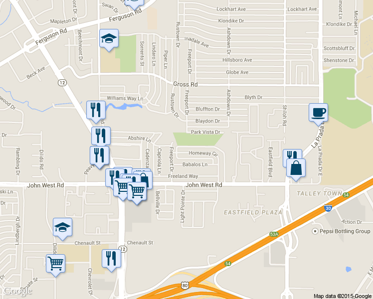 map of restaurants, bars, coffee shops, grocery stores, and more near 2231 Homeway Circle in Dallas