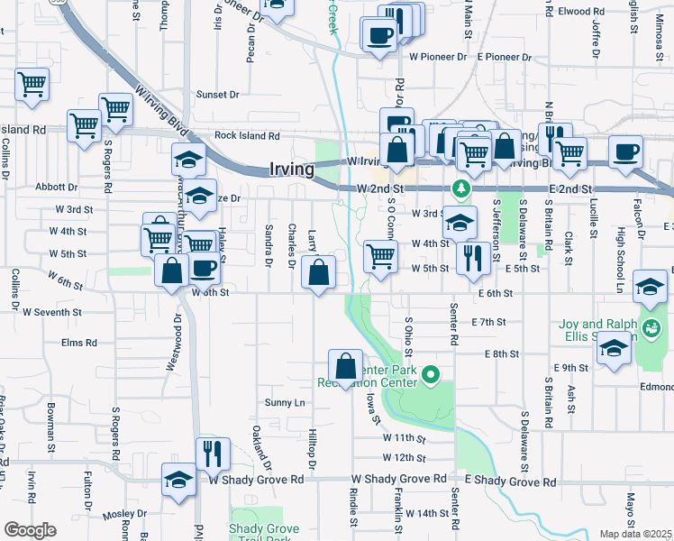 map of restaurants, bars, coffee shops, grocery stores, and more near 452 Renaissance Lane in Irving