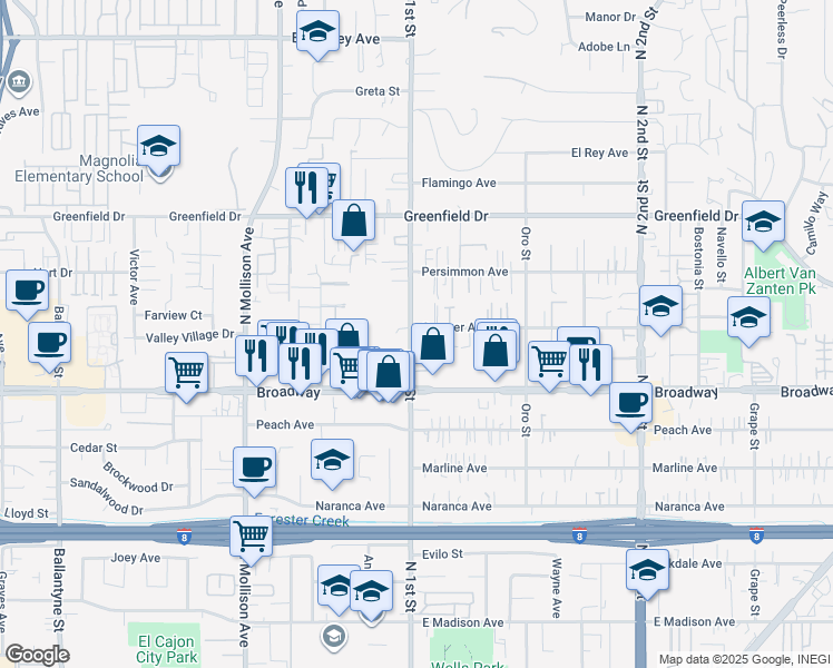 map of restaurants, bars, coffee shops, grocery stores, and more near 1017 North 1st Street in El Cajon