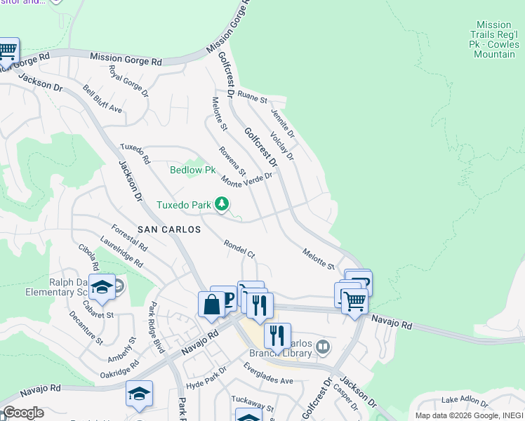 map of restaurants, bars, coffee shops, grocery stores, and more near 7413 Rowena Street in San Diego