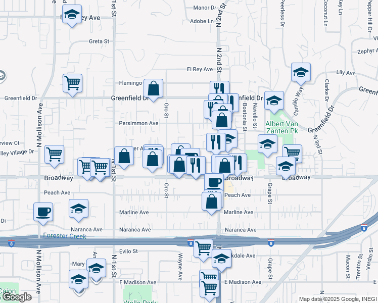 map of restaurants, bars, coffee shops, grocery stores, and more near 1245 Sumner Avenue in El Cajon