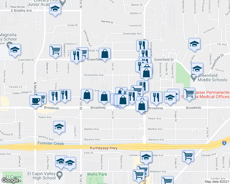map of restaurants, bars, coffee shops, grocery stores, and more near 1019 Oro Street in El Cajon
