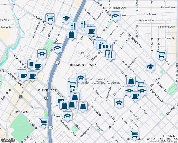 map of restaurants, bars, coffee shops, grocery stores, and more near 4535 Weldon Street in Dallas