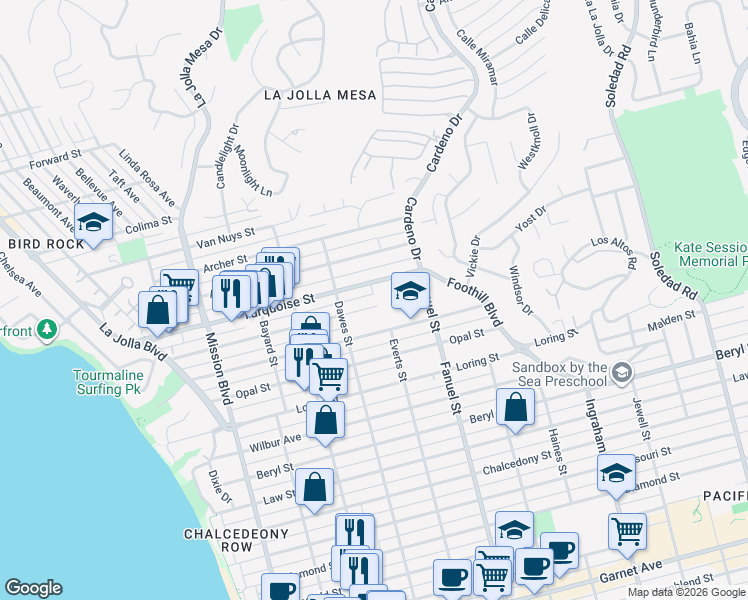 map of restaurants, bars, coffee shops, grocery stores, and more near 1170 Sapphire Street in San Diego