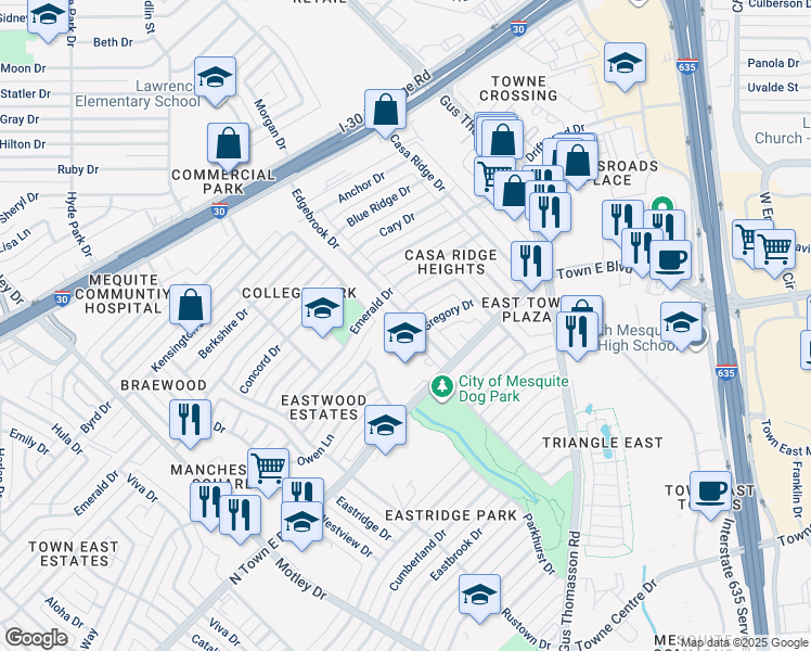 map of restaurants, bars, coffee shops, grocery stores, and more near 3313 Edgebrook Drive in Mesquite