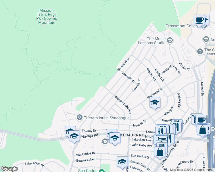 map of restaurants, bars, coffee shops, grocery stores, and more near 6921 Barker Way in San Diego