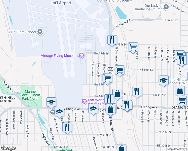 map of restaurants, bars, coffee shops, grocery stores, and more near 3520 Clinton Avenue in Fort Worth