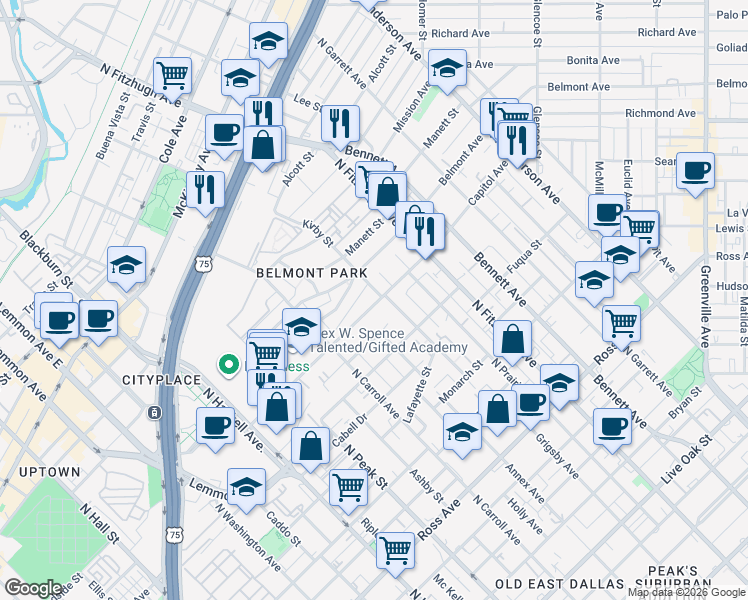 map of restaurants, bars, coffee shops, grocery stores, and more near 4627 Capitol Avenue in Dallas