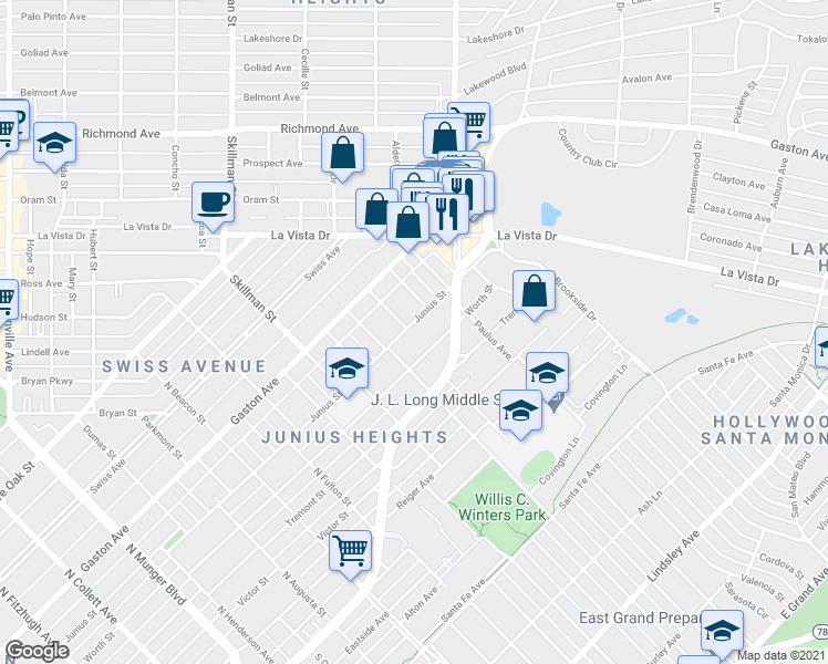 map of restaurants, bars, coffee shops, grocery stores, and more near 6028 Junius Street in Dallas