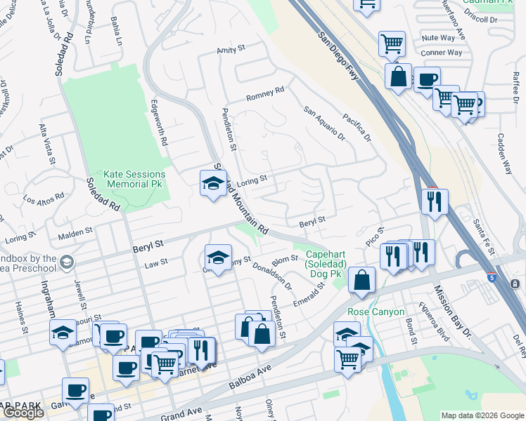 map of restaurants, bars, coffee shops, grocery stores, and more near 2328 Geranium Street in San Diego