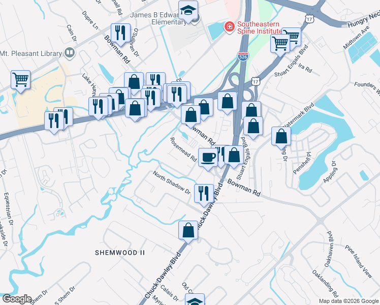 map of restaurants, bars, coffee shops, grocery stores, and more near 1126 Rosemead Road in Mount Pleasant
