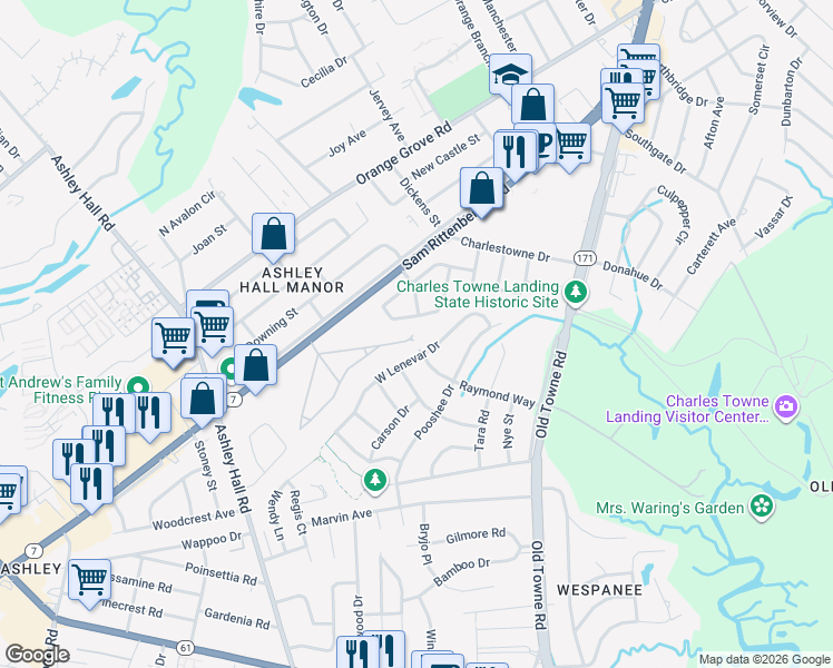 map of restaurants, bars, coffee shops, grocery stores, and more near 1343 Trailmore Drive in Charleston