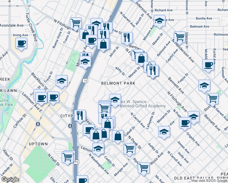 map of restaurants, bars, coffee shops, grocery stores, and more near 4507 Belmont Avenue in Dallas