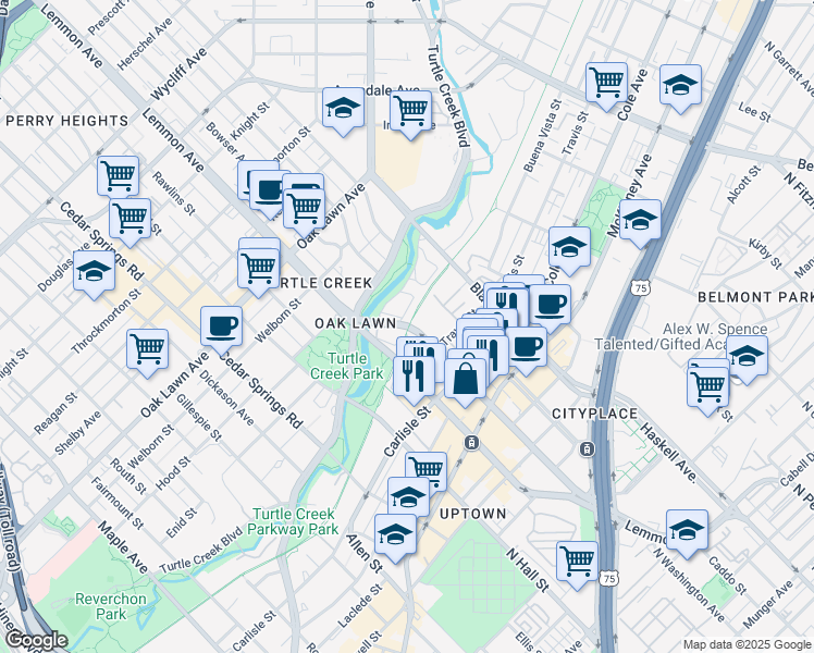 map of restaurants, bars, coffee shops, grocery stores, and more near 3223 Lemmon Avenue East in Dallas