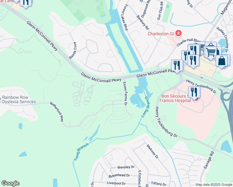 map of restaurants, bars, coffee shops, grocery stores, and more near 1925 Essex Farms Drive in Charleston