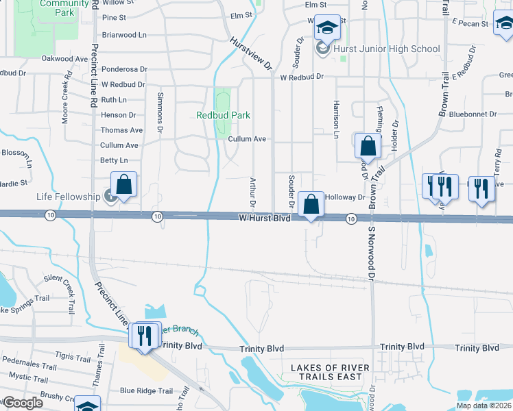 map of restaurants, bars, coffee shops, grocery stores, and more near in Hurst